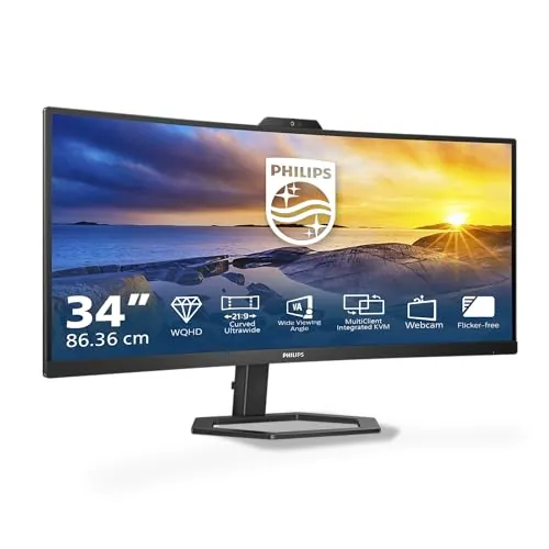 Philips 34E1C5600AM - Monitor Curvo WQHD de 34 Pulgadas, Webcam, Altura Regulable, Altavoz (3440x1440, 100Hz, HDMI, DisplayPort, USB-C, USB Hub) Negro