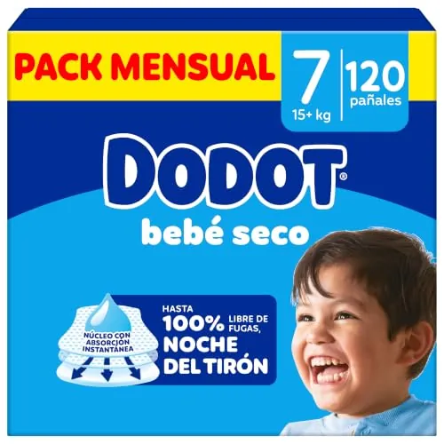 Dodot Pañales Bebé Seco Talla 7 (15+kg), 120 Pañales, Noche Sin Fugas | Hasta un 100% libre de fugas durante toda la noche, mantiene la piel del bebé seca hasta la mañana