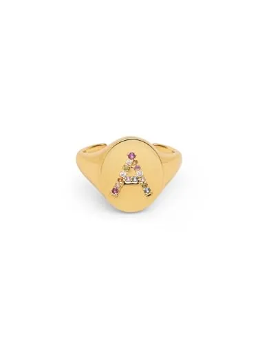SINGULARU - Anillo Personalizado Signet Letter Colors. Ajustable. Latón con Acabado Baño de Oro de 18 Kt. Talla Unica. Joyas para Mujer. Letra A