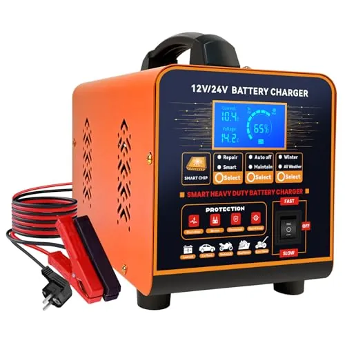 vFound 20A Cargador de Baterías Metal 12V/24V Profesional Mantenedor Automático, Cargador Inteligente con Apagado Automático, Reparación, Modo Invierno para Coche Camión Moto (Plomo, AGM, Gel, etc)