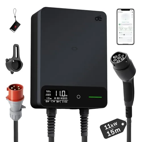 dé Estación de Carga Coche Electrico 11kW App [6-16A, Trifásico] Wallbox 11kW con Cable Tipo 2 15 m, RFID, Estación de Carga con RCD Tipo-A AC+DC y Protección ip54 para Model Y/3 y Otros BEV/PHEV