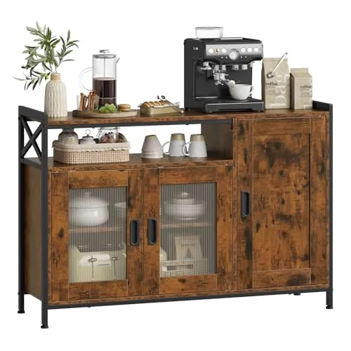 WOLTU Aparador, Armario de Cocina con 3 Puertas, Estantes Ajustables, Mueble Auxiliar de Almacenaje para Cocina Salón y Comedor, Estructura Metal y Madera, 110x33x75 cm, Marrón Rústico