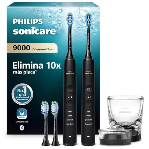 Philips Sonicare DiamondClean 9000, cepillo dental eléctrico, paquete doble, cepillo dental sónico con aplicación, sensor de presión, vaso de carga, negro, modelo HX9914/63