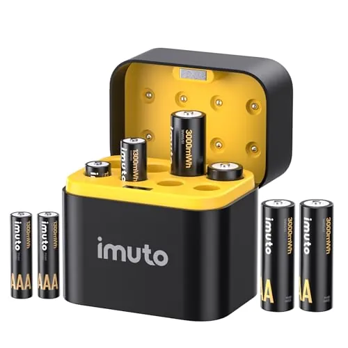 imuto 8 Piezas Pilas Recargables AA/AAA,Batería AA AAA 3000/1300 mWh 1.5V Litio Alta Capacidad más de 1600 ciclos con Carga rápida Negra Cargador de Pantalla LED
