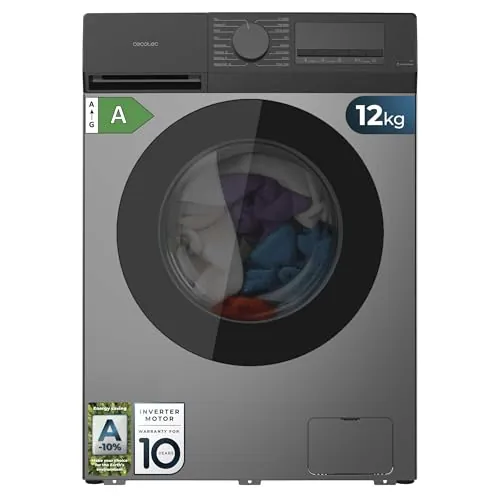 Cecotec Lavadora Carga Frontal 12Kg Bolero DressCode 12450 Inverter Steel, 1400 rpm, 16 programas, Clase A-20%, Motor Inverter Plus, Allergy Care, Pearl Drum, Función Silence, Stop&Go, KidLock, Steel