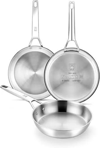 BRA Signature Set 3 Sartenes 20-24-26, Acero Inox 18/10 Profesional Sin Antiadherente, Triple Fondo Difusor Apto Todo Tipo De Cocinas E Inducción, Acabado Pulido