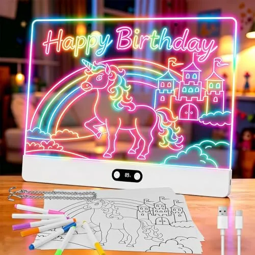 Tablero de Dibujo LED Recargable con Luces RGB para Niños,Panel de Acrílico,8 Colores Estáticos y 3 Modos Dinámicos,Batería de 1500 mAh,35x26cm Pizarra de Dibujo con Soporte Oculto para Arte,Blanco