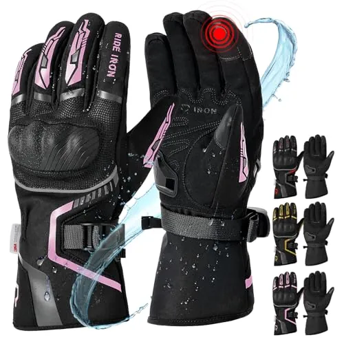 RIDEIRON Guantes Moto Invierno Hombre Mujer,Resistentes al Viento, Ligeros y cálidos con Pantalla táctil para Motociclismo, Senderismo y Otros Deportes al Aire Libre, Rosa S
