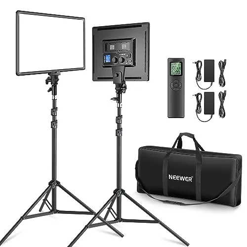 NEEWER Kit de Iluminación de Panel de Luz Video LED de 18" con Control Remoto, 2-Pack 45W Regulable Bicolor + Soporte Luz, 3200-5600K,CRI 97+ 4800Lux para Juego/Transmisión en Vivo/Youtube/Fotografía