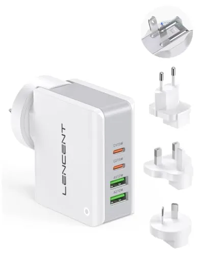 LENCENT Cargador de Universal, Cargador de Viaje con 2 USB-A y 2 USB-C | Adaptador para Viaje, Adaptadores de Enchufe Universal UK/EE.UU./EU/AUS para Teléfonos Móviles, Tabletas, Tipo A C G I