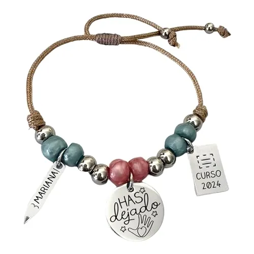 Pulsera para profesora, personalizada, elaborada a mano, acabados en acero inoxidable, ajustable, MODELO VIVA, Regalos para profesores. (MULTICOLOR PASTEL, HAS DEJADO HUELLA)