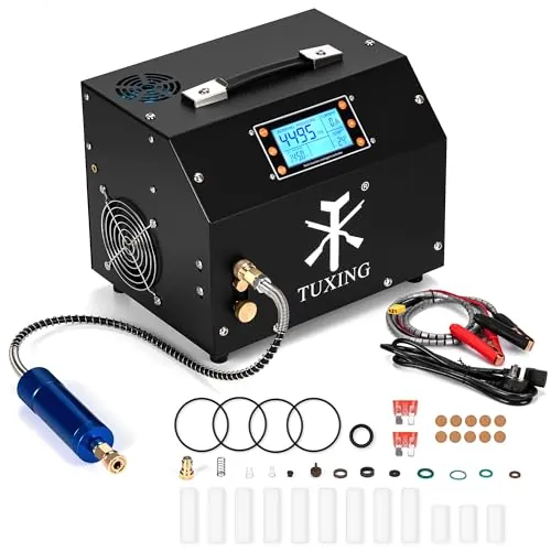 Compresor de Aire PCP TUXING de 4500 PSI, Versión con Pantalla LCD, Parada Automática, sin Aceite ni Agua, Transformador Integrado y Sistema de Drenaje para Rifles y Pistolas de Aire Comprimido PCP