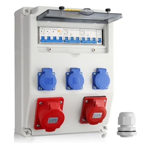 KAMTOP Distribuidor de Corriente de Pared 32A+16A CEE y 3x Schuko con Interruptor Diferencial y Disyuntor Protección FI LS IP66 Impermeable Ideal para Talleres Cobertizos y Jardines