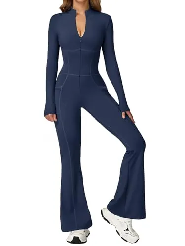 Ecupper Mono de Mujer con Mangas Largas, Abertura en la Parte Inferior, cremallera,Enterizo, Bodysuit Completo, Unitardo de Yoga, Piernas Amplias y Sexy Azul Oscuro S