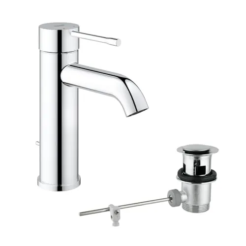 GROHE Essence - Grifo de lavabo con ahorro de agua (monomando de baño con vaciador automático, 17 cm de altura, instalación sencilla, acabado duradero), cromo, 23589001