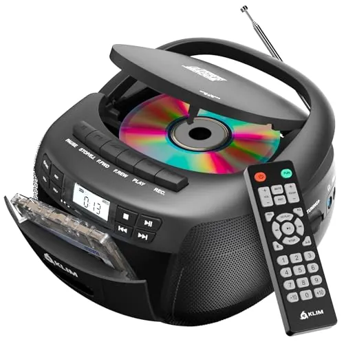 KLIM CD Player + Reproductor Cassette, Am/FM Radio y Bluetooth, Control Remoto, Radio Cassette y Grabación en Cinta, USB, AUX, Reproductor CD con Sonido Estéreo