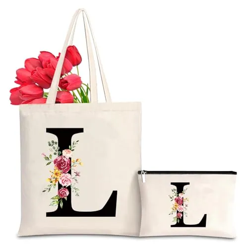 Letras Personalizadas Tote, Bolso Tote de Mujer con Inicial y Flores Bolsa de Compras con Bolsillo Interior, Alfabeto Bolso de Cosméticos Regalos para Damas Amigas Mamá Regalo de Cumpleaños Boda (L)