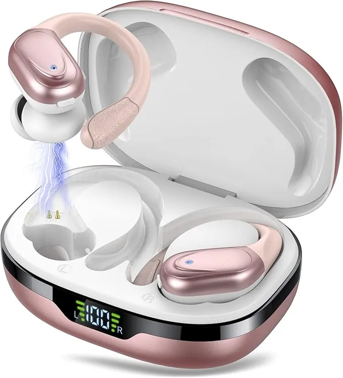 Auriculares Inalambricos, Auriculares Bluetooth 5.3 con Gancho de la Oreja, 60H de Reproducción, Pantalla LED, Llamada ENC HD, Profundamente Bajo, Ajuste Cómodo, IPX7 Impermeable(Oro Rosa)