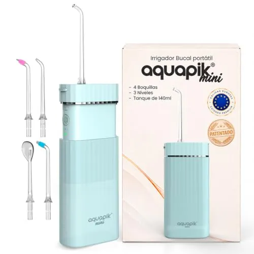 Irrigador dental portátil Aquapik Mini 140 ml | Water flosser recargable USB tipo C | 3 modos presión | limpieza profunda | Ideal para Encías sensibles, ortodoncia e implantes dentales (Azul)