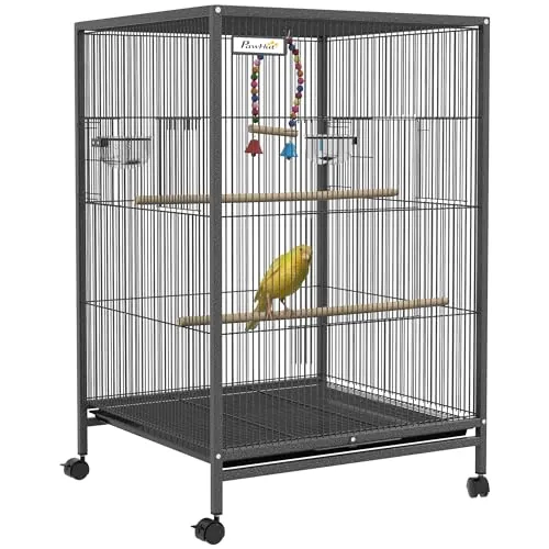 PawHut Jaula para Pájaros con Ruedas, Pajarera de Acero con Perchas, Columpio Bandeja Extraíble y Cuencos de Acero Inoxidable, Jaula Grande para Loros, Canario, Periquito, 48x46x78 cm, Gris