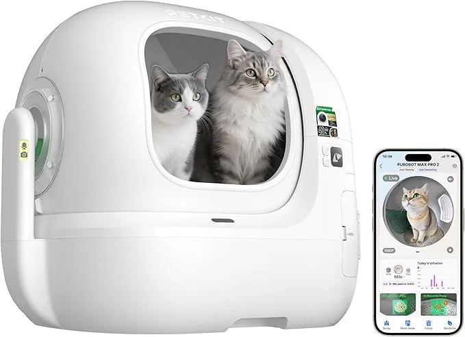 PETKIT PUROBOT MAX Pro 2 Arenero Gatos Autolimpiable, Entrada Mayor, Cámara AI, Arenero Autolimpiable para Gatos, 2,4 G y 5 G WiFi, Seguimiento Sanitario, Eliminación de Olores, 76L, para Varios Gato