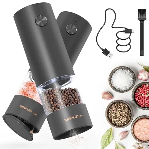 SIMPLETASTE Molinillo Pimienta Eléctrico Recargable con Luz LED | Recargable Type-C, Grosor Ajustable, Tapa Antipolvo, Para Sal y Pimienta, Ideal en Cocina y Como Regalo, Pack de 2