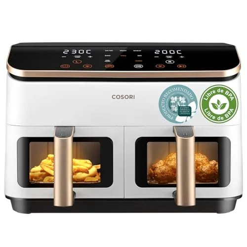 Cosori Air Fryer Grande 8,5 Litros, Freidora de Aire con Doble Cesta, Airfryer con Ventana, Recetas en la App, Multifunción 10 en 1, Alta Potencia y 55% de Eficiencia, Bajo Ruido, Limpiable, Blanca