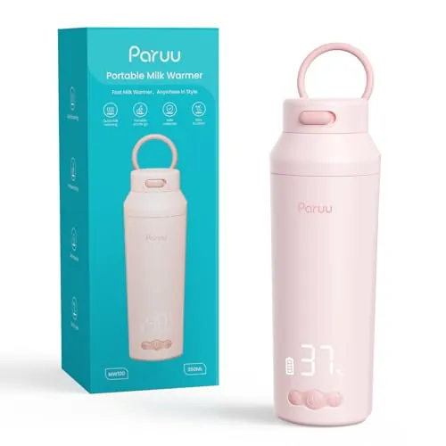 Paruu Calienta Biberones Portatil para Viaje, Boca Ancha Fácil de Limpiar, Calentamiento Rápido en 2 Minutos, 7 Niveles de Regulación de Temperatura, Carga Rápida 30W, Capacidad 350 ml, Rosa