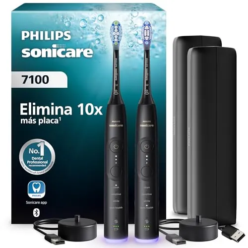 Philips Sonicare 7100 cepillo dental eléctrico, sónico con 4 modos de cepillado y 3 niveles de intensidad, EasyStart, negro, paquete de 2, modelo HX7429/03 [Nueva Tecnología]