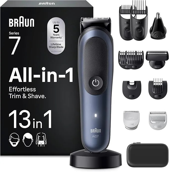 Braun Recortadora Todo en Uno Series 7 AIO7565, Kit de Styling 13en1 para Barba, Pelo, Orejas, Nariz Y Cuerpo, 14 Longitudes, 120 Min de Autonomía, Cortapelos Hombre con Lámina Ultra Afilada, Azul