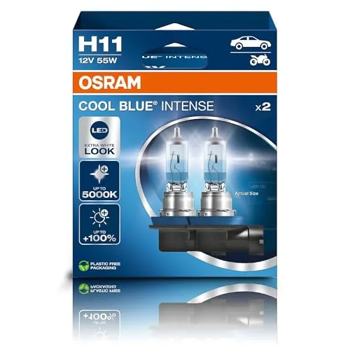 OSRAM COOL BLUE INTENSE H11, +100% más de brillo, hasta 5.000K, lámpara de faro halógena, aspecto LED, caja plegable colgante (2 lámparas)