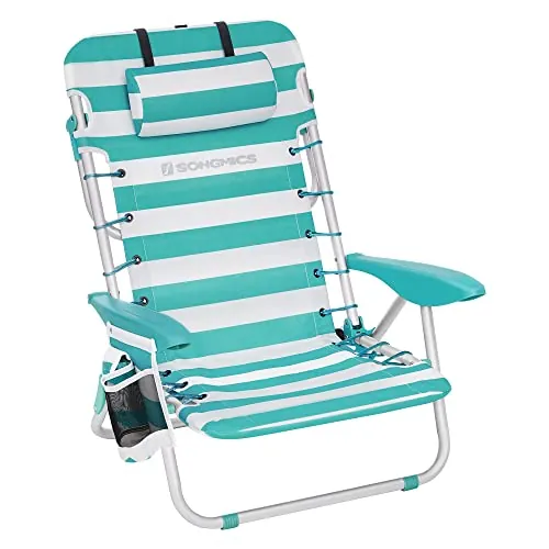 SONGMICS - Silla de Playa, Silla Plegable para Camping, con Correa, Respaldo Ajustable, reposacabezas, apoyabrazos, 2 Fundas Laterales, Verde y Blanco GCB62JW