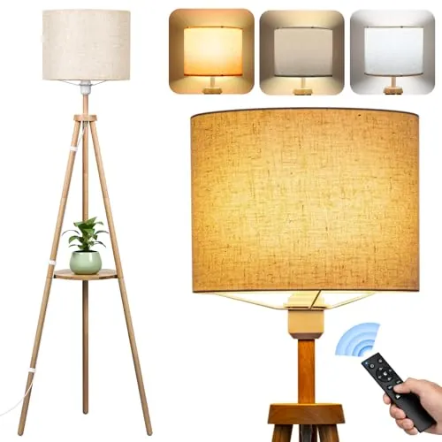 Lámpara de Pie de Madera Trípode con Separadores de Almacenaje, Regulable en 3 Colores, Lampara de Pie Salón con Control Remoto Pantalla de Lino e Interruptor de Pie para Dormitorio Estudio Salón