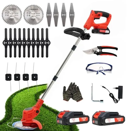 OUTIGO Desbrozadora a batería, desbrozadora eléctrica a batería, Equipada con 2 baterías y 4 Cuchillas, cortacésped Plegable de 800 W, Adecuado para Cortar el césped de Jardines y arbustos