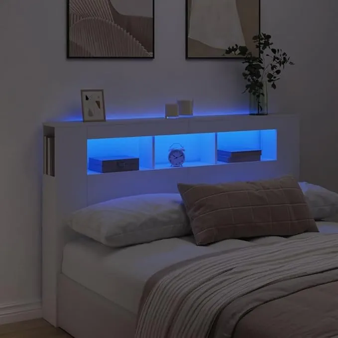 vidaXL Cabecero con LED, Cabecera con Almacenaje, Cabezal de Cama, Cabecero para Dormitorio, Madera de Ingeniería Blanco 160x18,5x103,5 cm