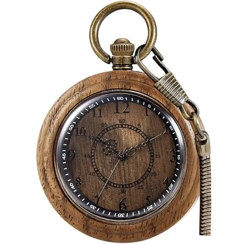 Tiong Reloj de bolsillo vintage para hombre, hecho a mano, de madera de bambú, retro, de cuarzo, con cadena, colgante de madera, regalo para papá, marido, novio en cumpleaños, aniversario, con caja de