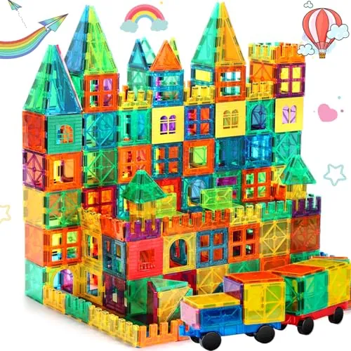 FNJO Baldosas Magnéticas 100 Piezas + Coches, Set Construcción Magnética Juguete Stem, Regalo Educativo para Niños/Niñas 3-10 Años (Bloques Imanes Preescolar)