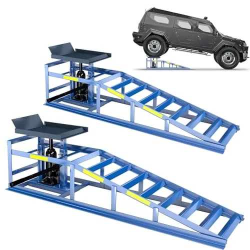 2 rampas de coche resistentes, capacidad de 5 toneladas (5000 kg), rampas hidráulicas de alta carga con tiras reflectantes para un uso nocturno seguro, altura ajustable de 24,9 a 38,1 cm, se puede