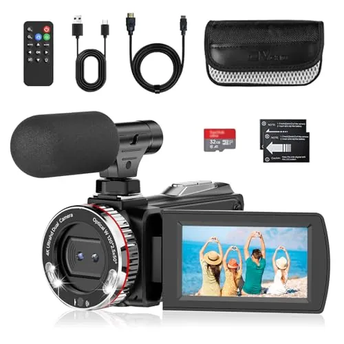 Cámara de Vídeo 4K 48MP Videocámara 21X Digital Zoom Camcorder Video Camera, 3" 270° Giratoria Pantalla Vlog Cámara para Youtube, Camara Video con Tarjeta de 32 GB, Cable HDMI, Micrófono, 2 Batería