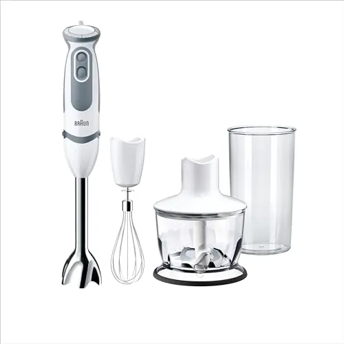 Braun Hogar Minipimer 5235 - Batidora de mano, 1000 W, 21 velocidades y función turbo, anti-salpicuduras, Powerbell Plus, 3 accesorios (varillas, picadora 500ml, vaso medidor 600ml), Color blanco