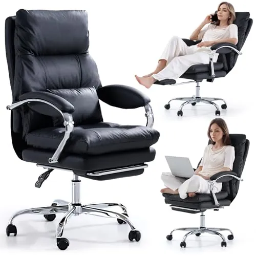 EMIAH Silla de Escritorio con Reposapiés y Reposabrazos, Cuero PU, Negro