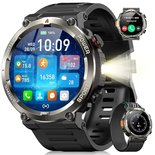 Blackview Reloj Inteligente Hombre - Linterna y Brújula, 1,45" Militar Smartwatch Hombre- Llamadas Bluetooth, Pulsómetro, Oxímetro, Monitor de Sueño, Pulsera Actividad 100+ Modos Deportivos, Podómetro