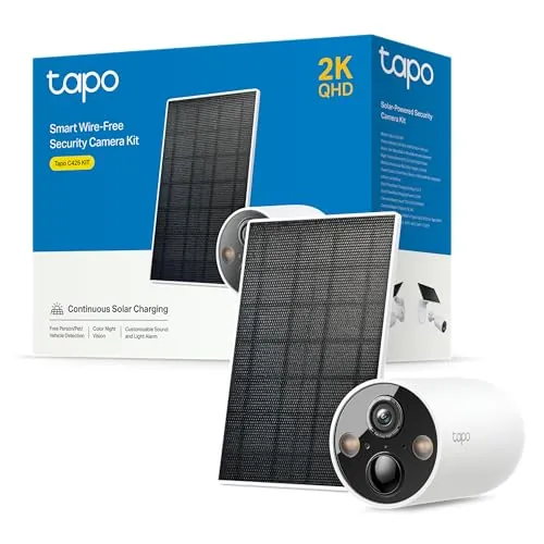 Tapo C425 Kit-Cámara de Seguridad Solar, Base magnética Ajustable, visión Nocturna en Color, Memoria MicroSD, batería de 10000 mAh, Campo de visión súper Gran Angular de 150°, Compatible con Alexa