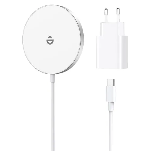 Cargador Inalambrico Magnético con Adaptador USB-C de 20 W, Wireless Charger Compatible con iPhone Duo 18 17 16 15 14 13 12 Series, 15W Cargador Inalámbricoador, Blanco Nieve