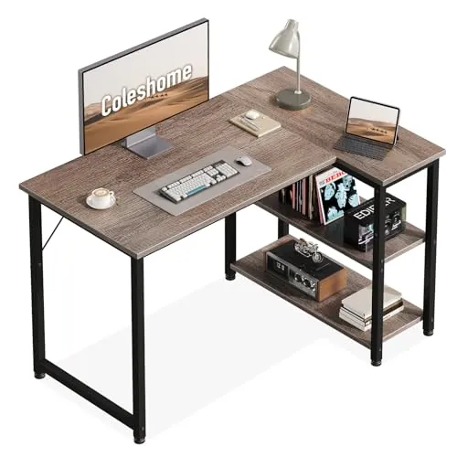 Coleshome Escritorio Esquinero, Mesa en L con Estantes, 100x70cm, Gris