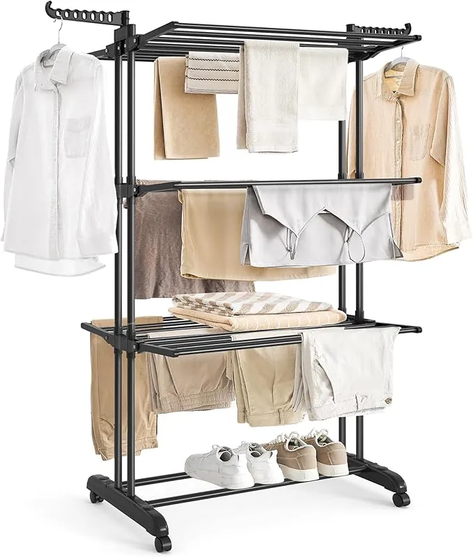 SONGMICS Tendedero Plegable de 4 Niveles, con Ruedas, Alas Plegables, 63,5 x 128 x 173 cm, Gran Capacidad, Montaje Fácil, Uso Interior y Exterior, Negro Tinta LLR701B01