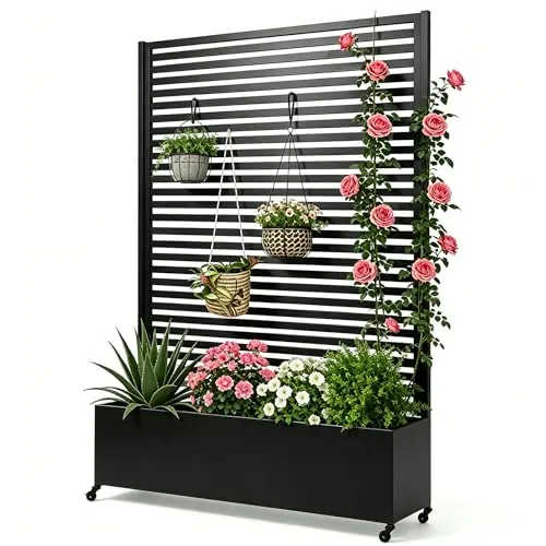 BIXUYOU Jardinera metálica para Exterior con Enrejado, bancal Elevado de Metal con Ruedas, Jardinera Independiente con privacidad para Flores y Verduras en jardín, Patio y balcón.