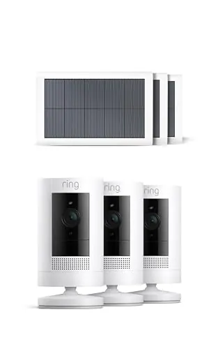 Ring Cámara exterior solar (Stick Up Cam) | Cámara de vigilancia wifi HD para tu domicilio con comunicación bidireccional, instalación fácil | 30 días gratis de Ring Home | 3 Cámaras