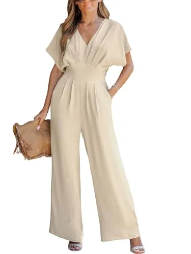 CUPSHE Mono de mujer con escote en V, mangas dolman cortas, overall de pierna ancha, pelele largo, mono de verano elegante, traje pantalón, caqui, S