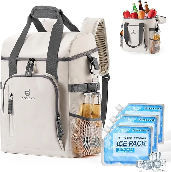 Odoland Bolsa térmica 22L con 3 Paquetes de Hielo - Mochila refrigerante aislada para 30 latas, Impermeable, con abrebotellas, para Camping, Viajes, Picnic y Pesca